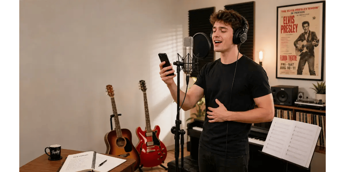 Male vocalist practicing posture and breath support techniques in a studio setting