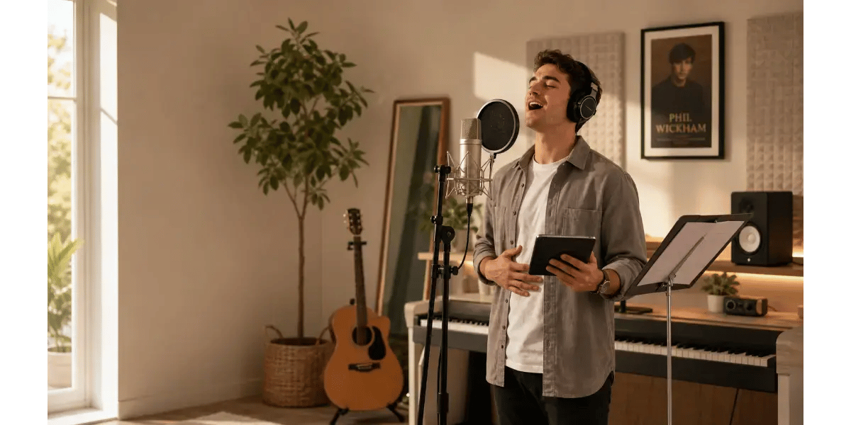 Male singer practicing worship vocal techniques and breath control in a studio