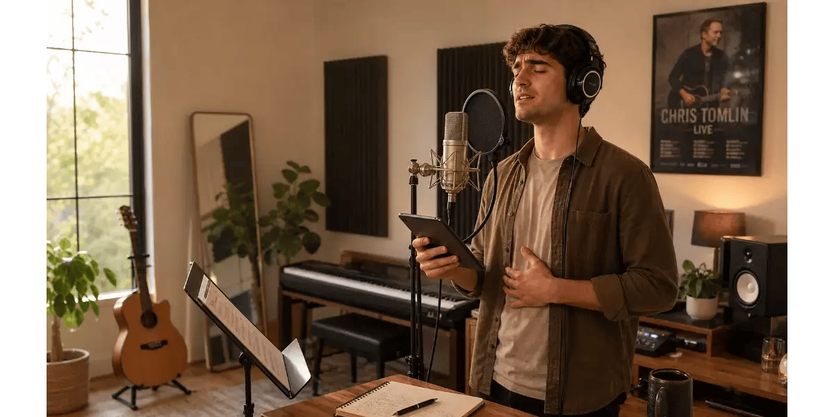 Young male vocalist practicing worship music in a premium studio