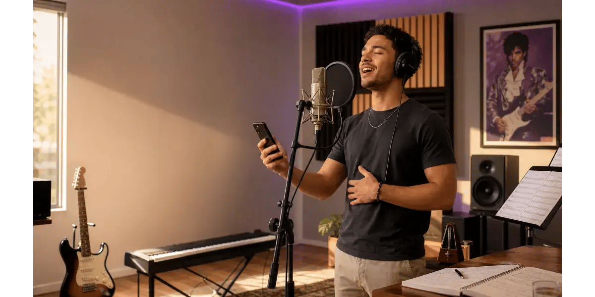 A male singer singing into a studio microphone during a vocal practice session.
