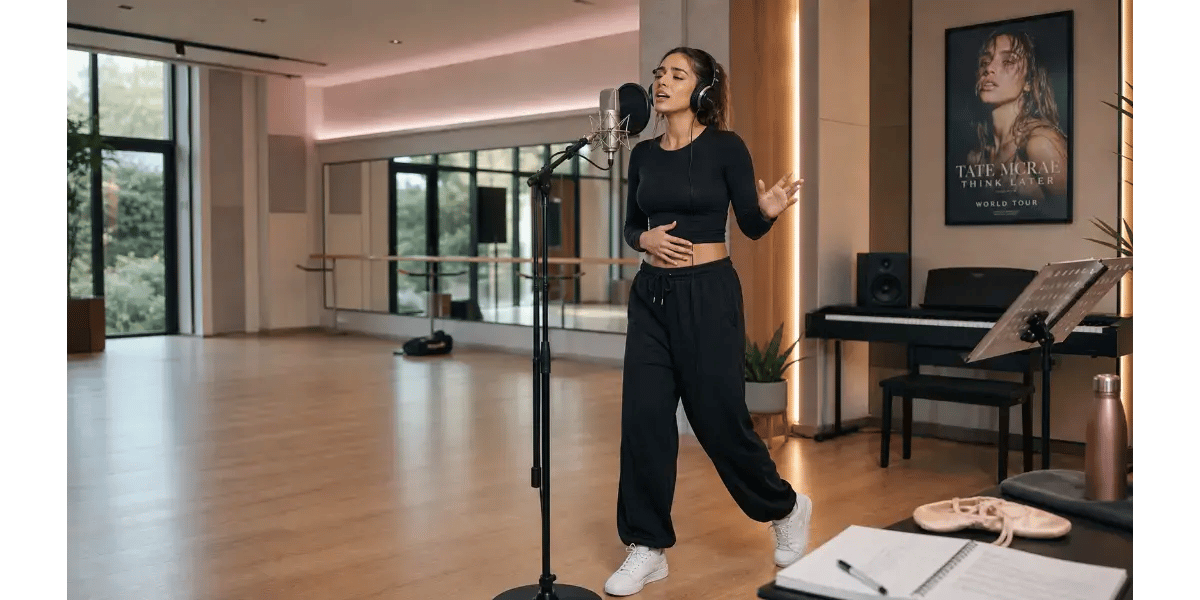 Female singer practicing Tate McRae vocal technique and dance choreography in a rehearsal studio