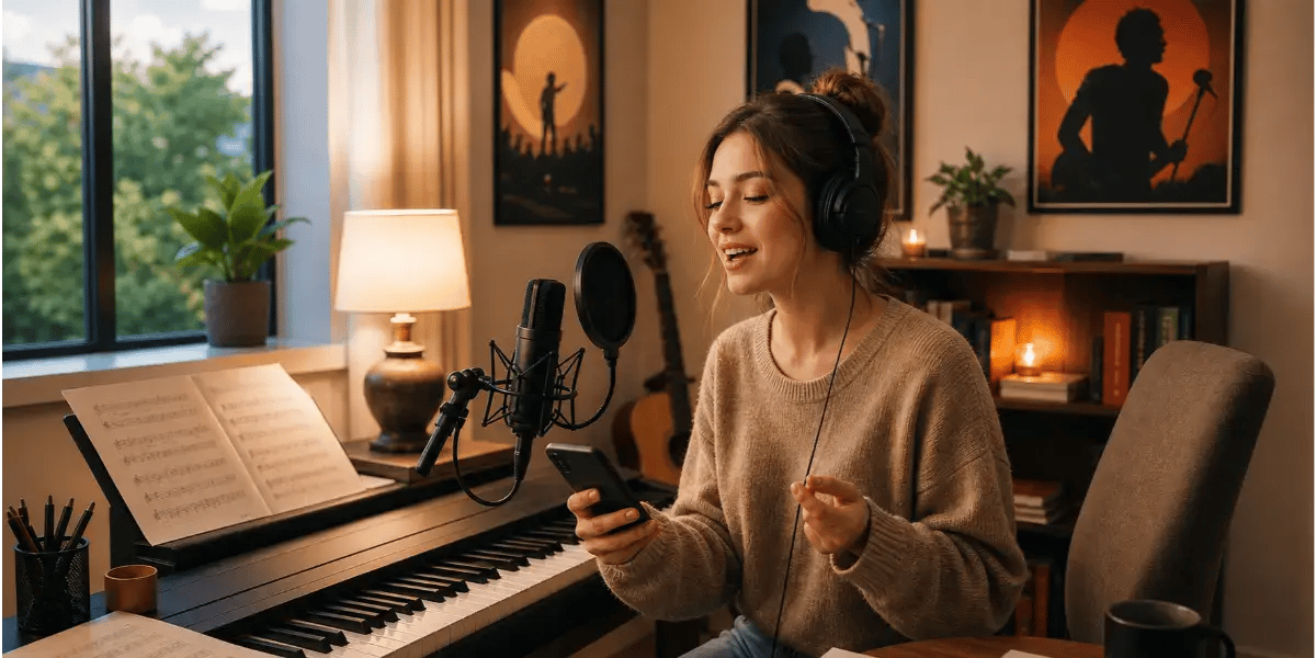 Beginner singer practicing easy Taylor Swift songs at home