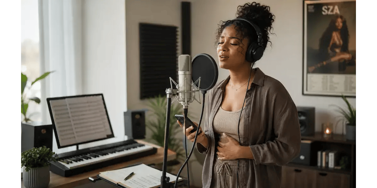 Female singer practicing soft vocal technique into a studio microphone for an R&B vocal style guide