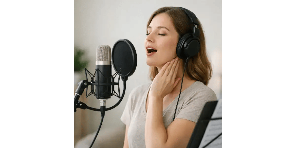 Woman singing into a studio microphone with headphones on and hand touching her neck