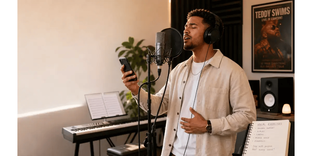 A male singer practicing in a vocal studio with a microphone and keyboard