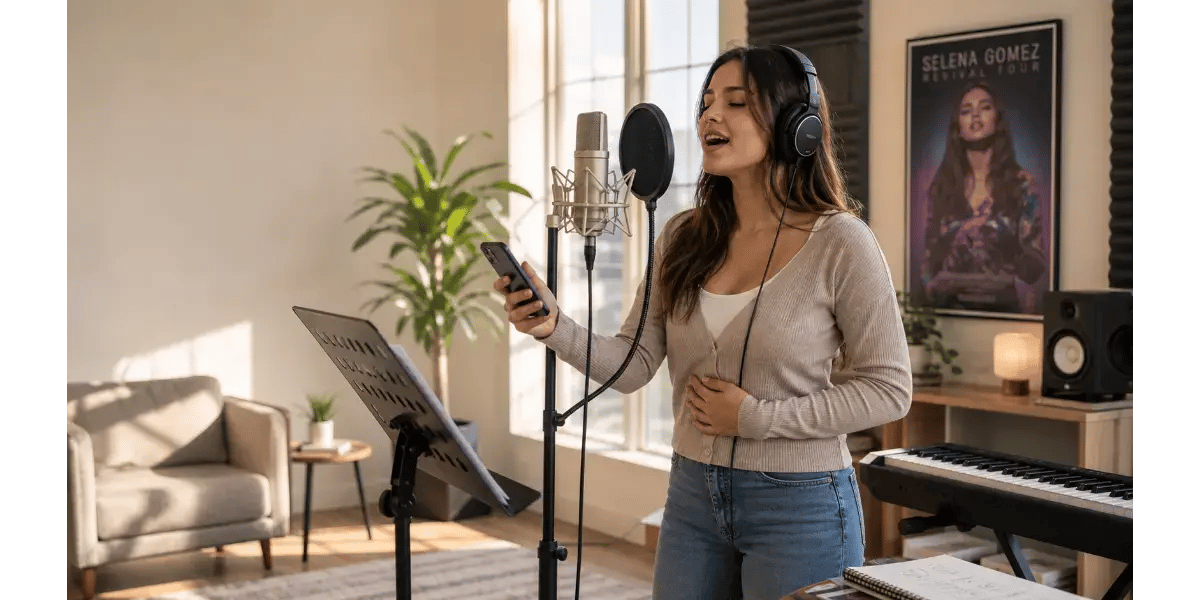 A female singer practicing soft pop vocals into a microphone.