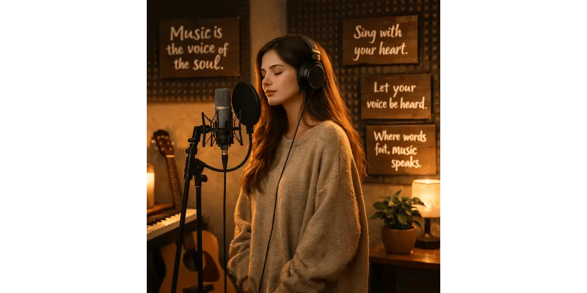 Young woman practicing vocal agility at a keyboard in a home music studio