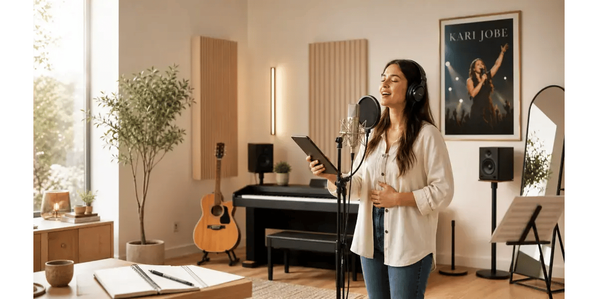 Female singer practicing worship vocal technique in a recording studio with a microphone and piano