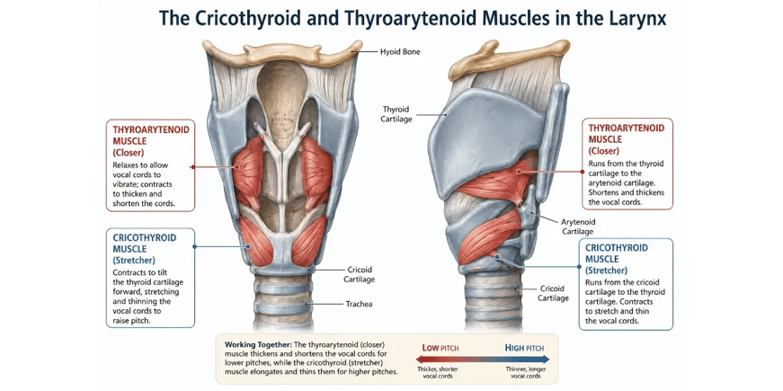 Diagram showing cricothyroid and thyroarytenoid muscles in the human larynx