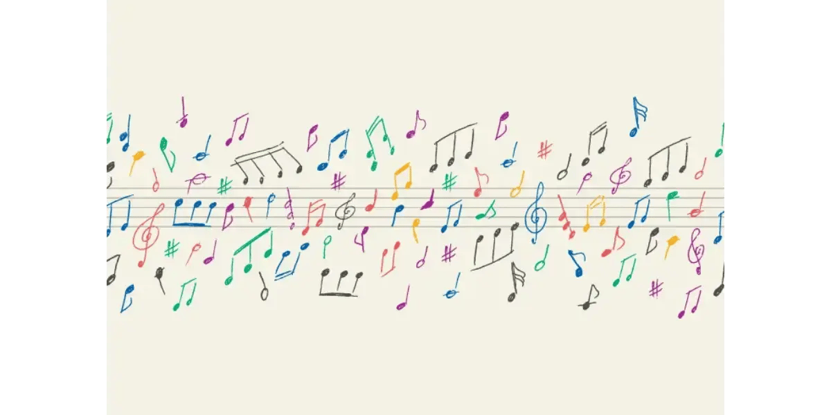 Colorful musical notes and staves scattered on a light cream background.