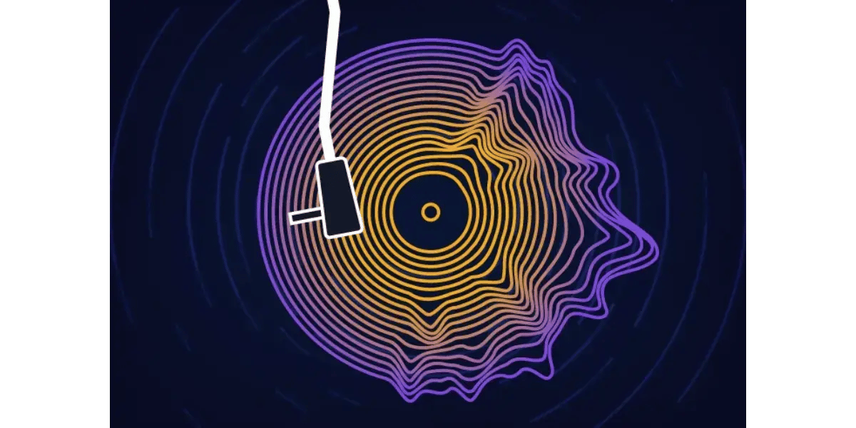 A glowing, colorful circular soundwave with a microphone, representing the concept of a vocal home and understanding your vocal range.