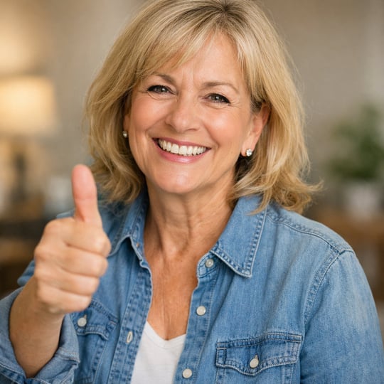 A 60 year old female thumbing up happy and satisfied