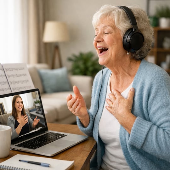 A happy Elderly practicing singing with voice coach online-3