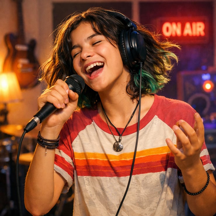 A happy teen singing that found their sound-1
