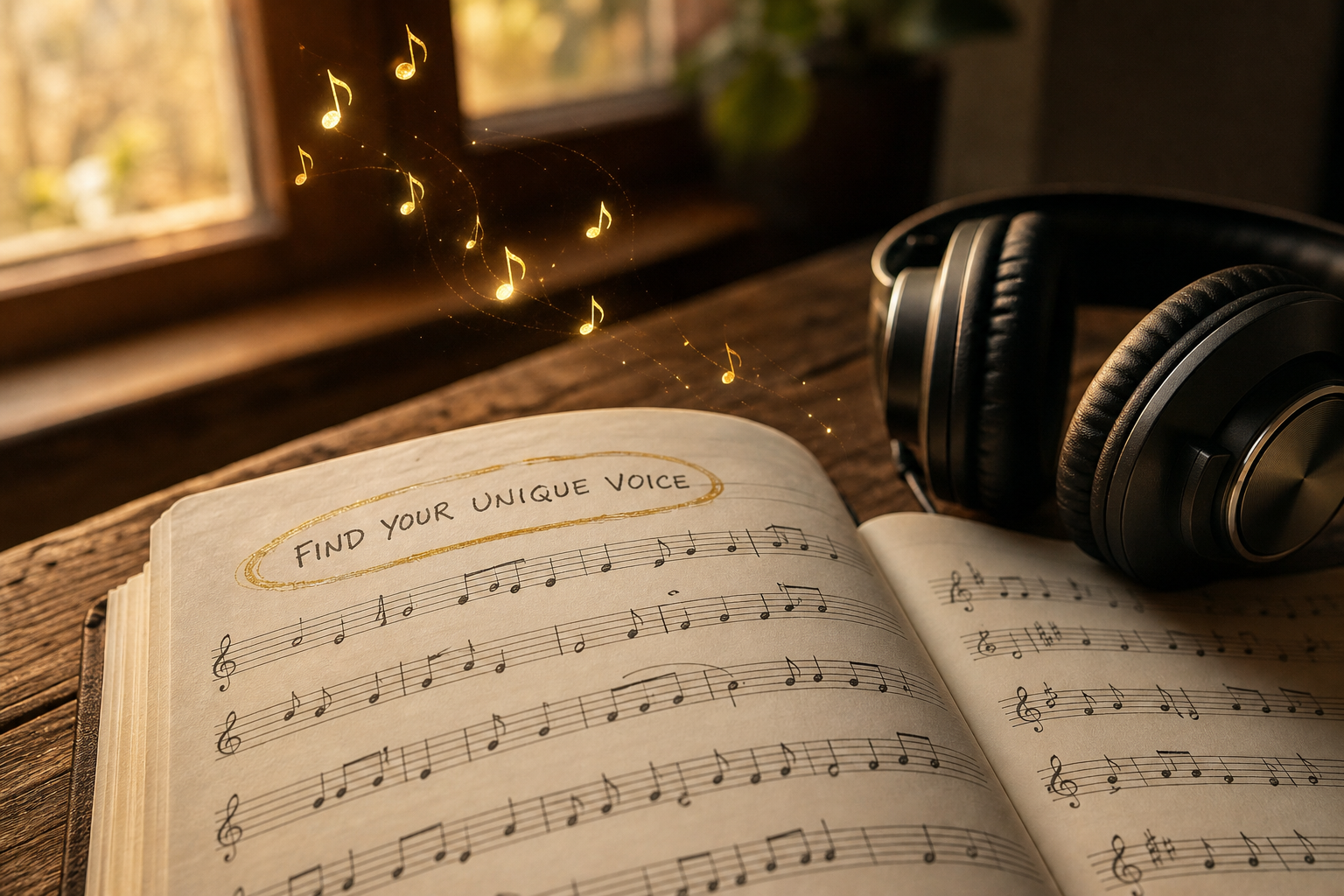 Circling Song Title in Cream Notebook at Sunset