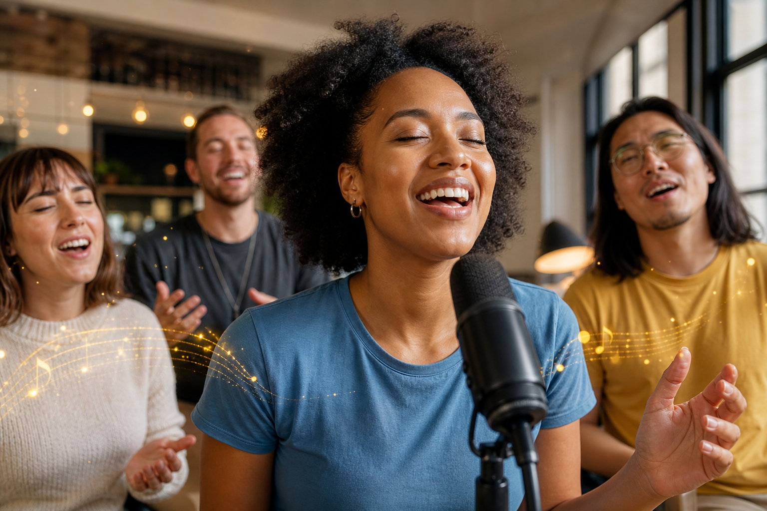 Confident Singer in Warm Light with Musical Sparkles