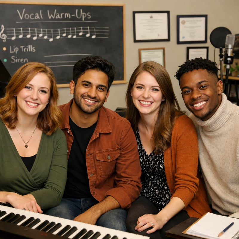 Vocal student practicing proper posture and diaphragm breath control in studio