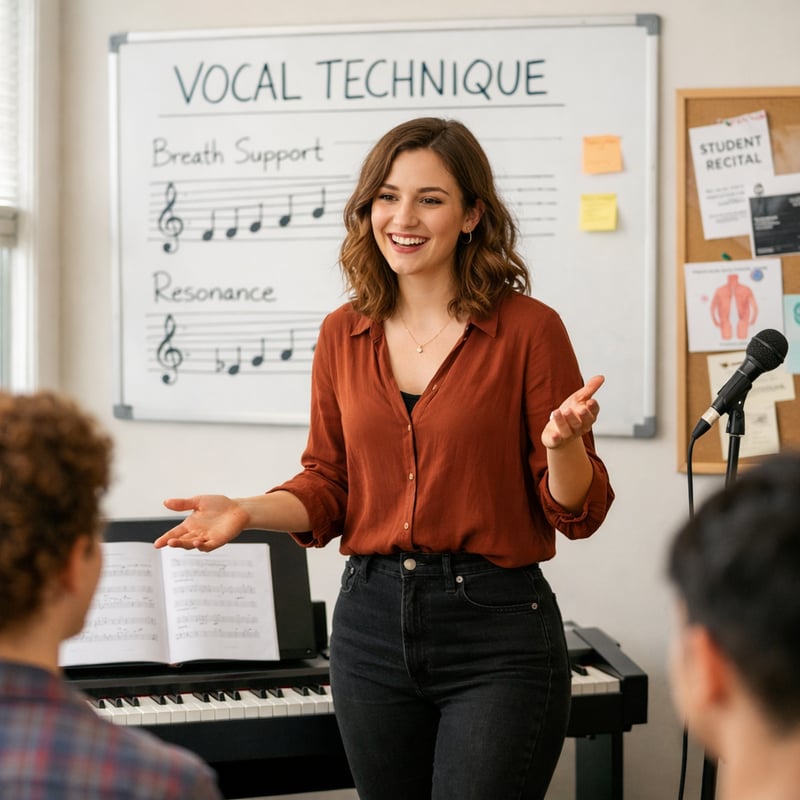 A voice instructor teaching a vocal technique class to a small group of students.