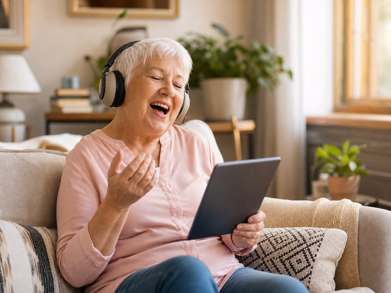 Friendly Woman Singing in Cozy Living Room Friendly Woman Singing in Cozy Living Room