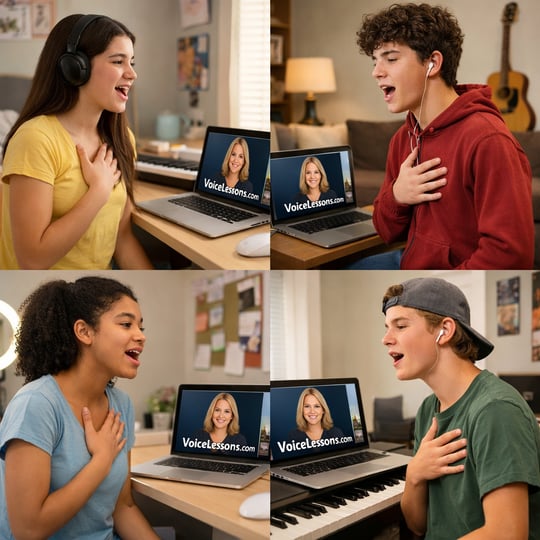 Group of teens practicing one by one via online class with a VoiceLessonscom teacher-2