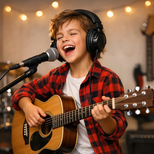 I need an image of a kid that is happy singing playing with confidence