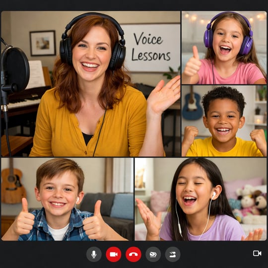 Kids on a google meet with a voicelessons teacher showing happy and confident kids