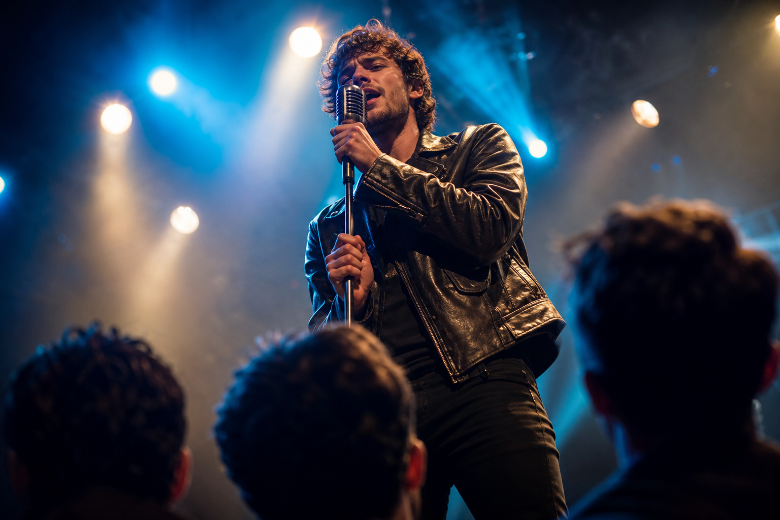 Male Vocalist Performing with Vintage Mic and Dramatic Lighting