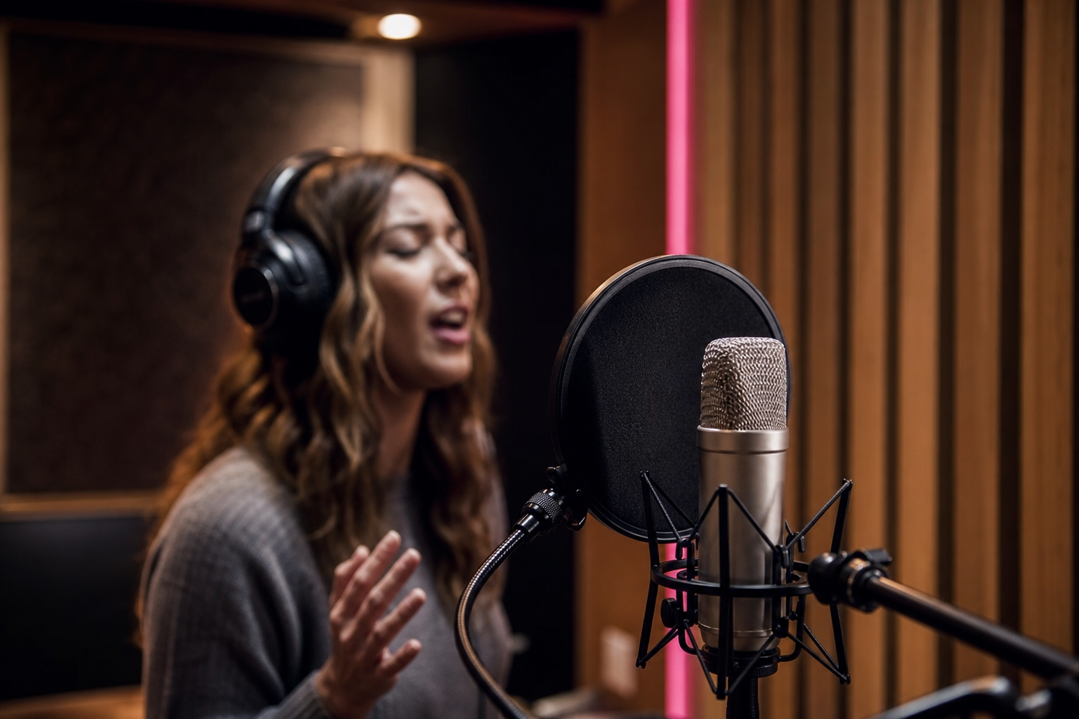 Modern Vocal Studio with Elegant Microphone and Singer