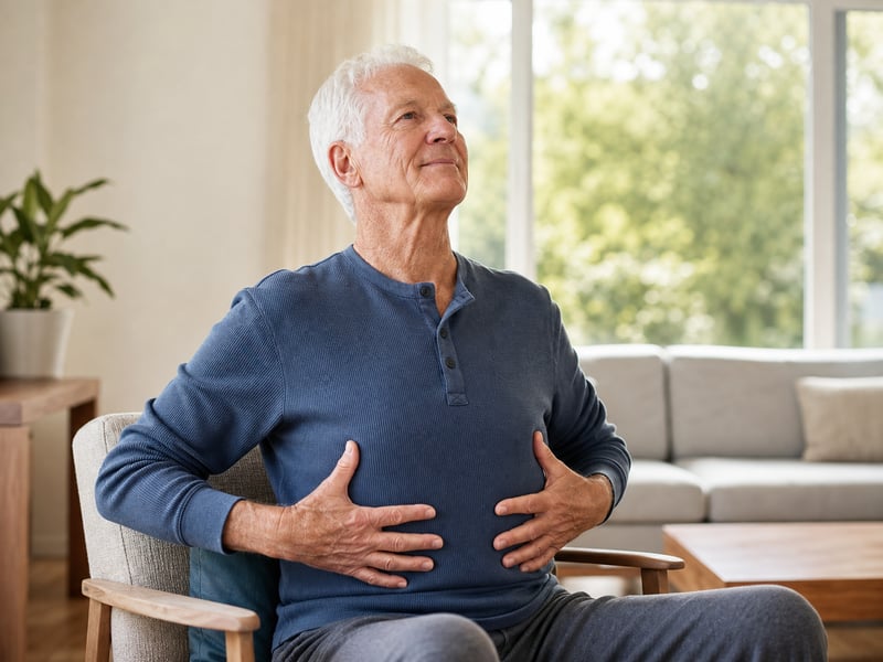 Senior Man in Calm Breathing Pose at Daylight Window