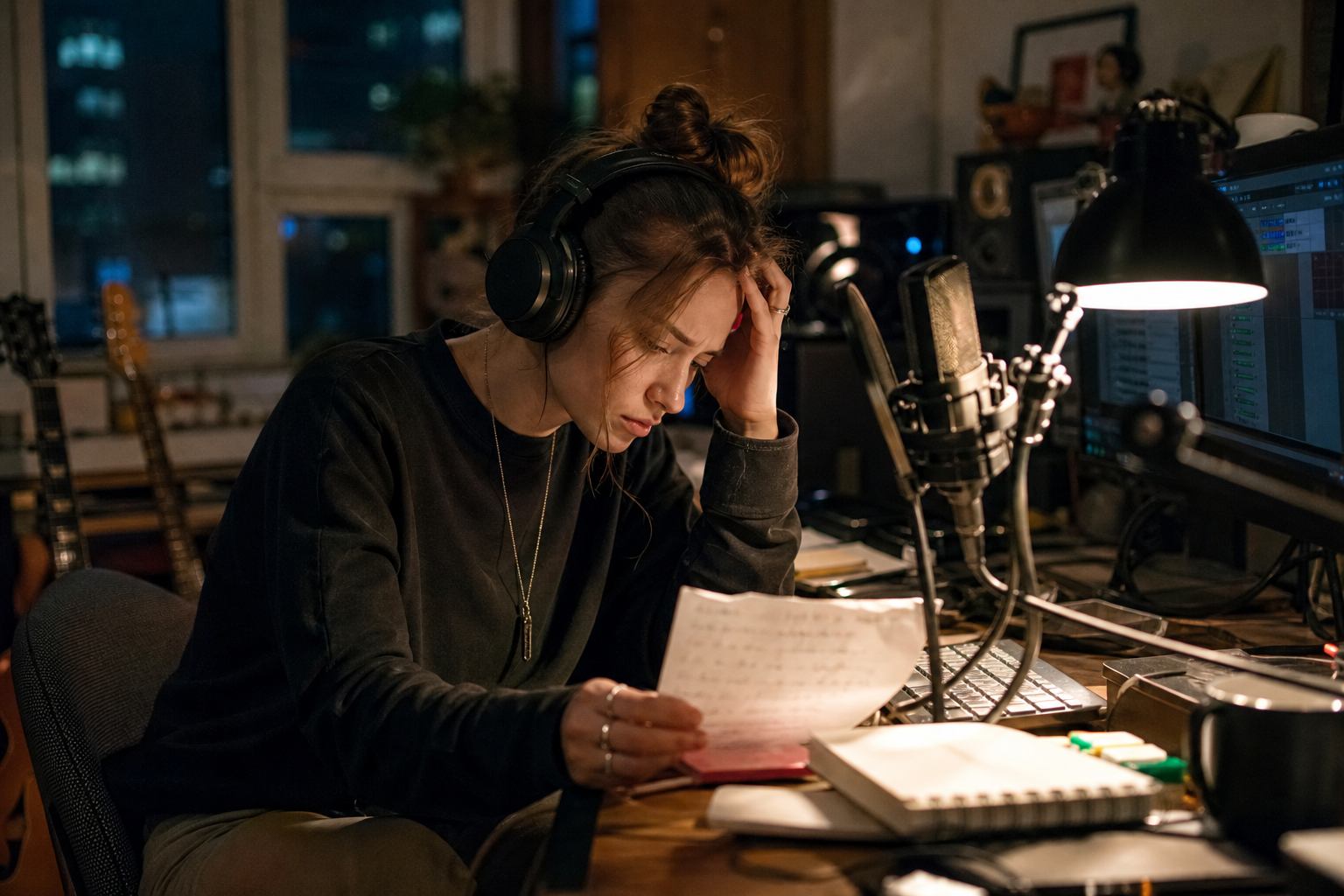 Singer in Cluttered Studio Battling Creative Block