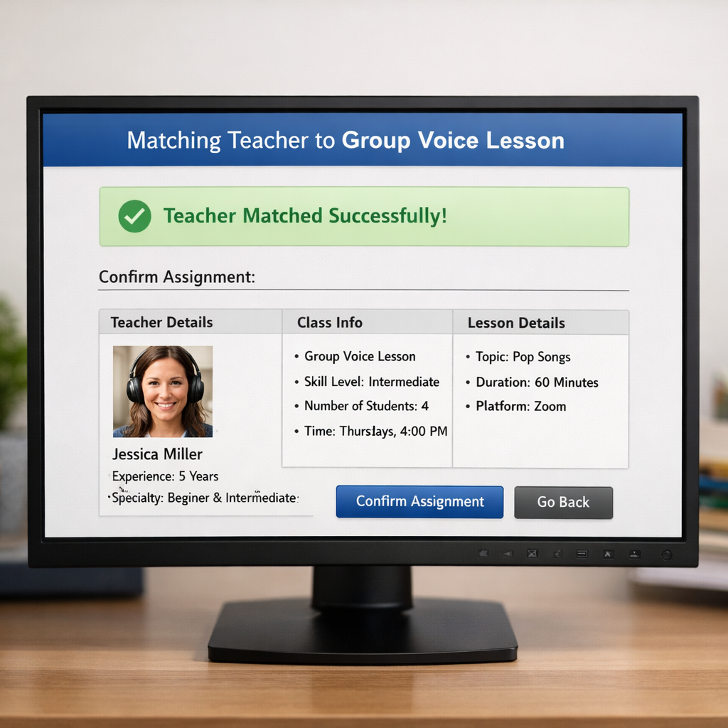 Teacher Matched to Group Voice Lesson on Computer Screen