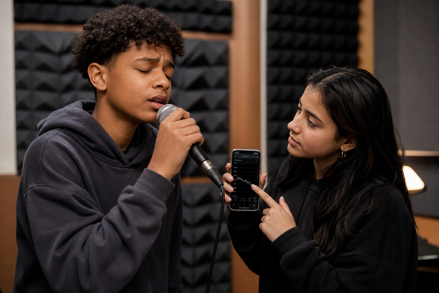 Teenagers Focused on Pitch Analysis in Studio