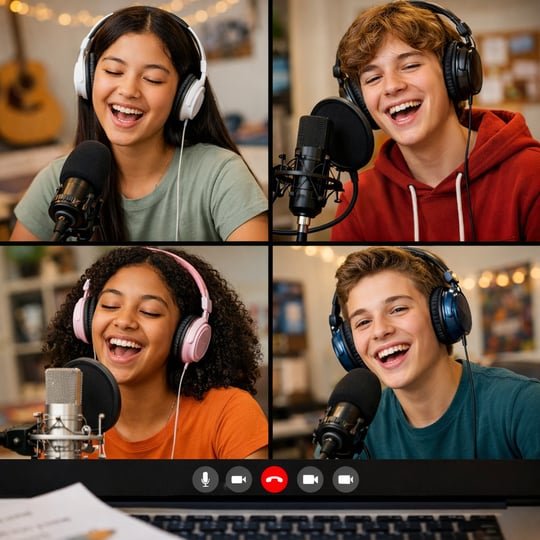 Teens that are happily singing through online an online singing class-1