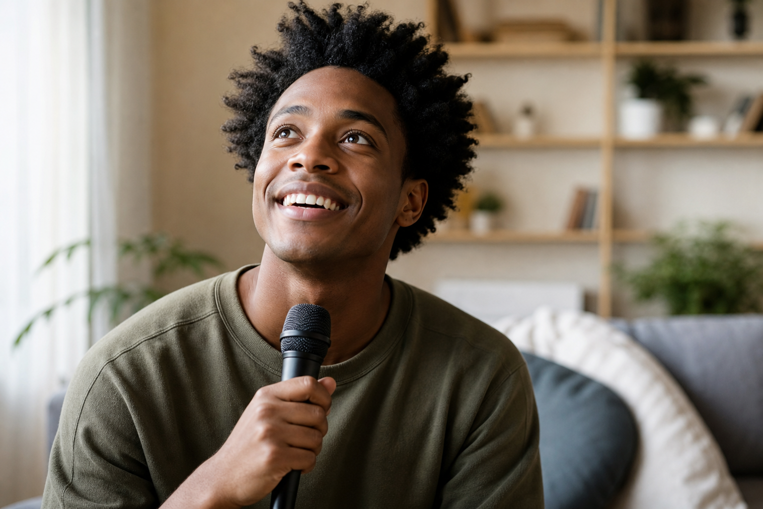 Young Adult Discovering Singing in Cozy Living Room