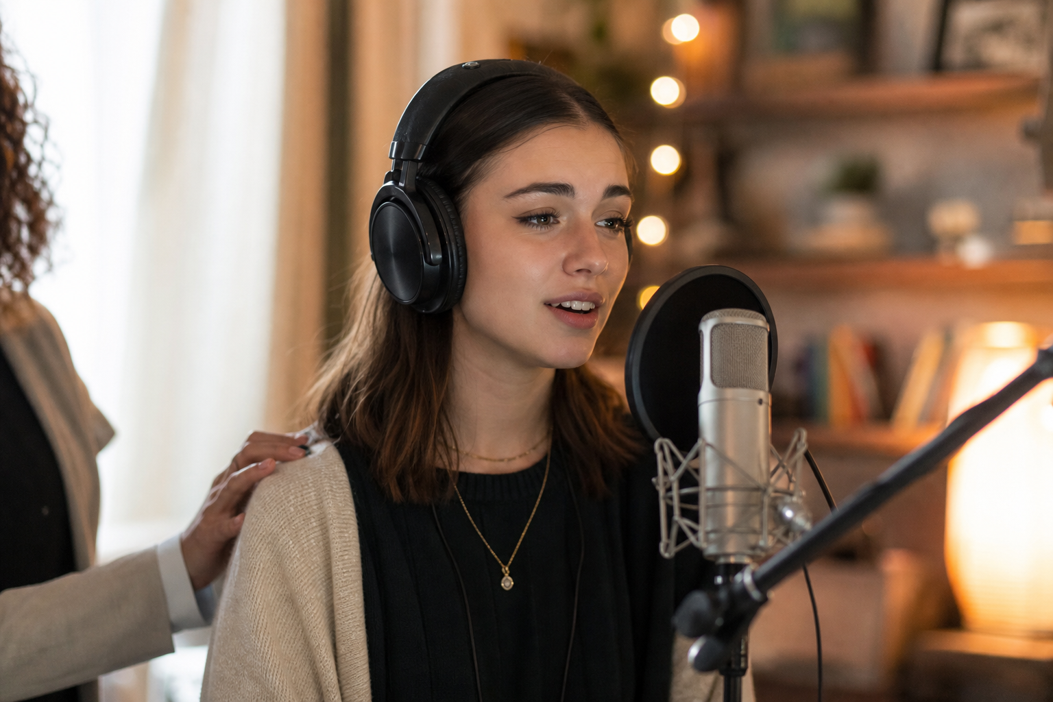 Young Woman Singing in Cozy Studio with Fairy Lights