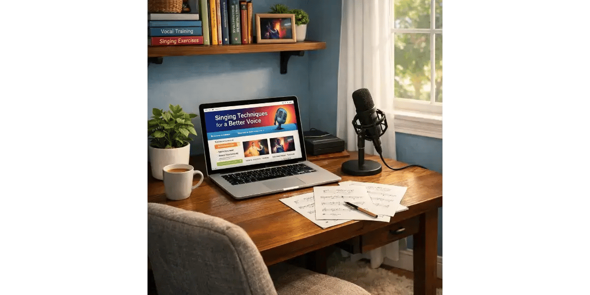 A cozy home singing practice space with a microphone and laptop, representing beginner exercises for pitch control.
