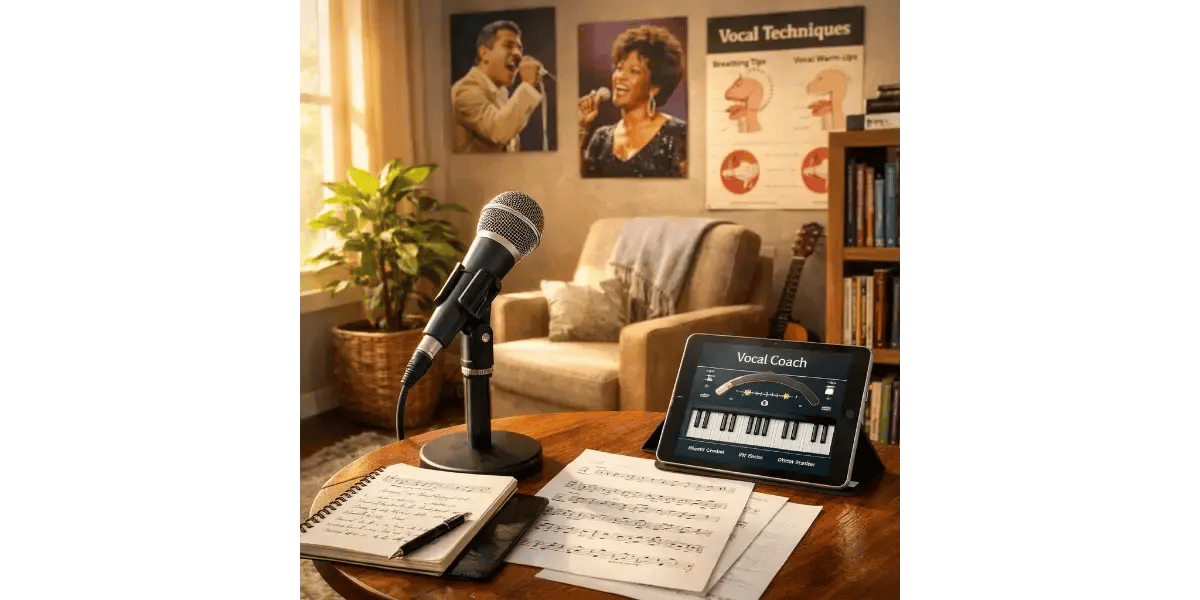 A comfortable home singing practice space with a microphone setup, representing a beginner's vocal training environment.