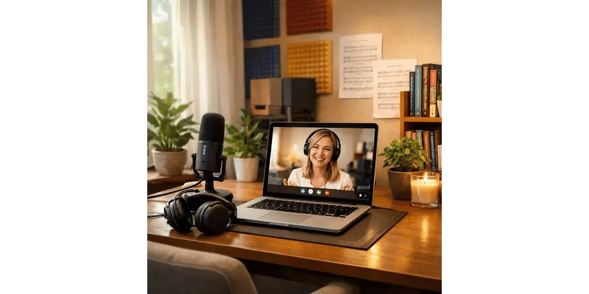 A home studio setup for virtual vocal coaching, featuring a microphone and a laptop displaying an online singing lesson.