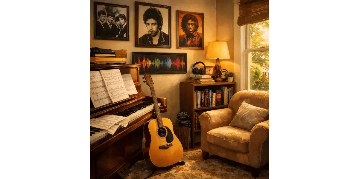 A guitar and piano in a music room, representing instruments used by beginners to practice singing in tune.