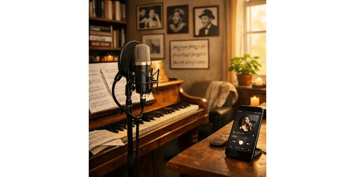 A recording studio setup with a microphone and piano, ready for an adult beginner learning to sing.