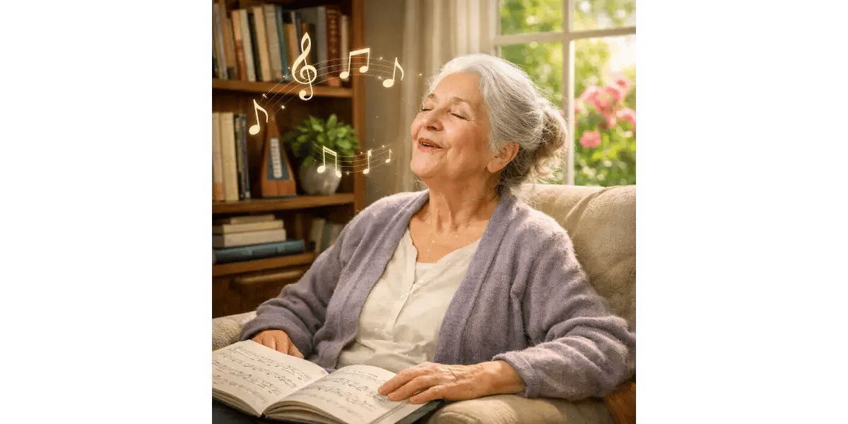 A senior woman sitting comfortably at home, representing vocal wellness and healthy aging for singers.