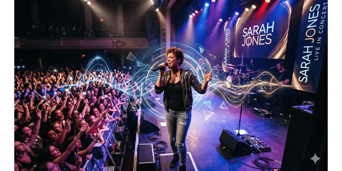 A female pop singer performing live on stage representing Rihanna's unique vocal style and stage presence."