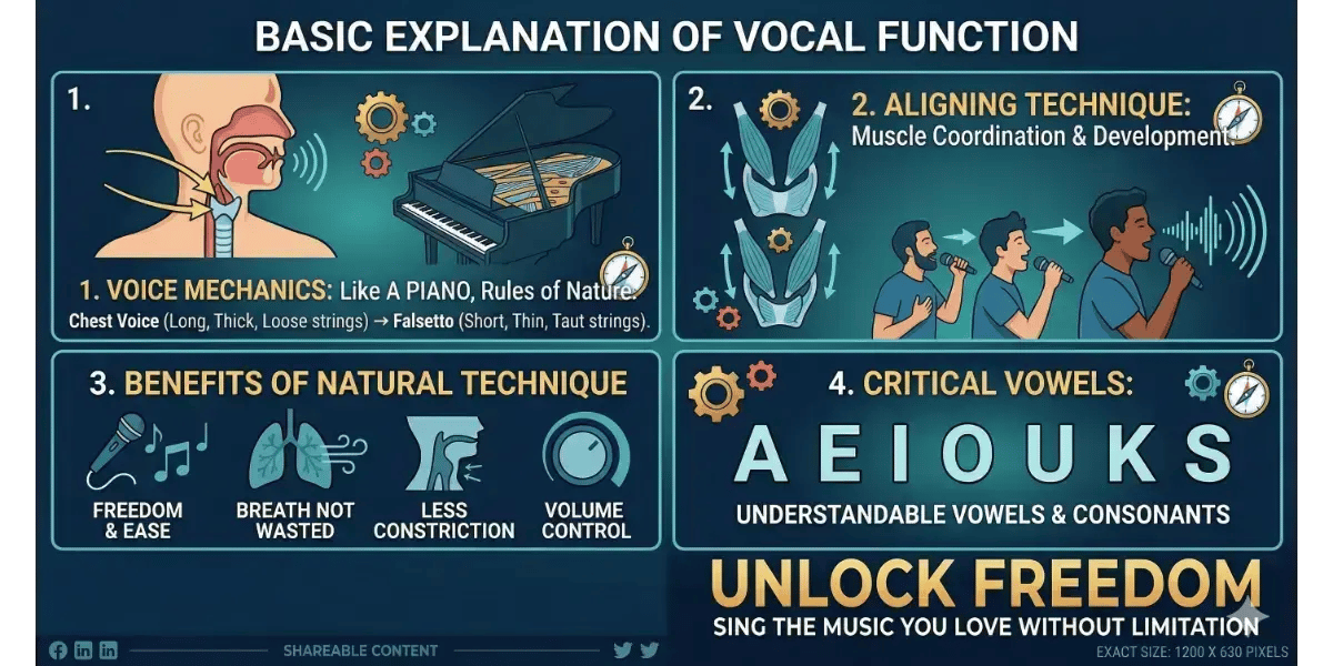 An educational infographic illustrating basic vocal function, muscle coordination, and singing technique for vocal freedom.