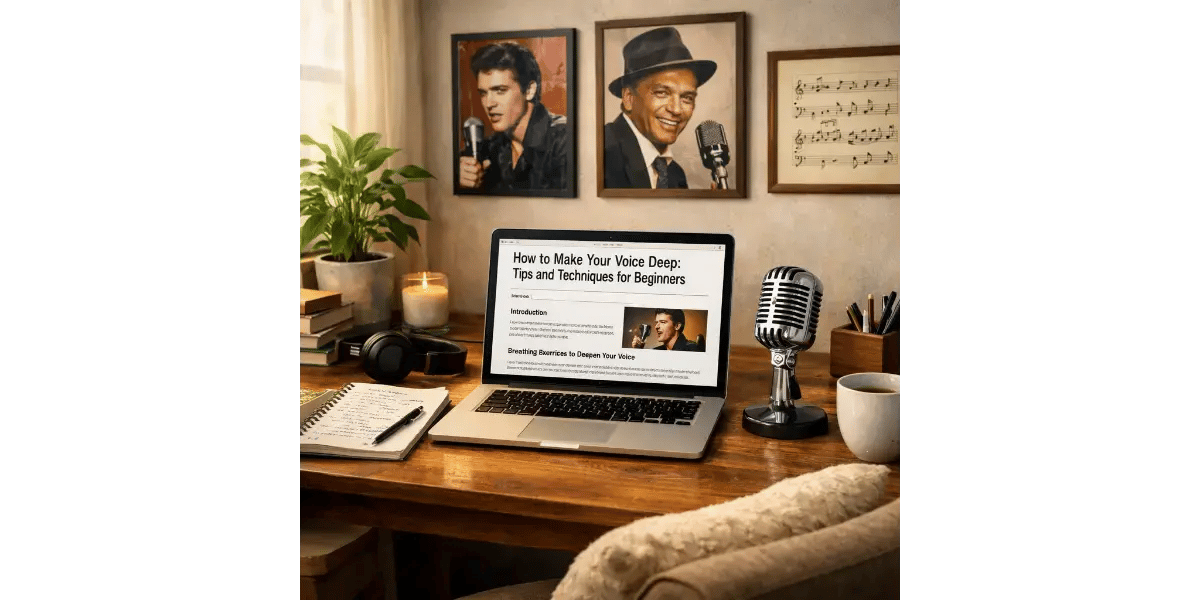 A dedicated home recording studio setup featuring a microphone and laptop for vocal practice and recording.