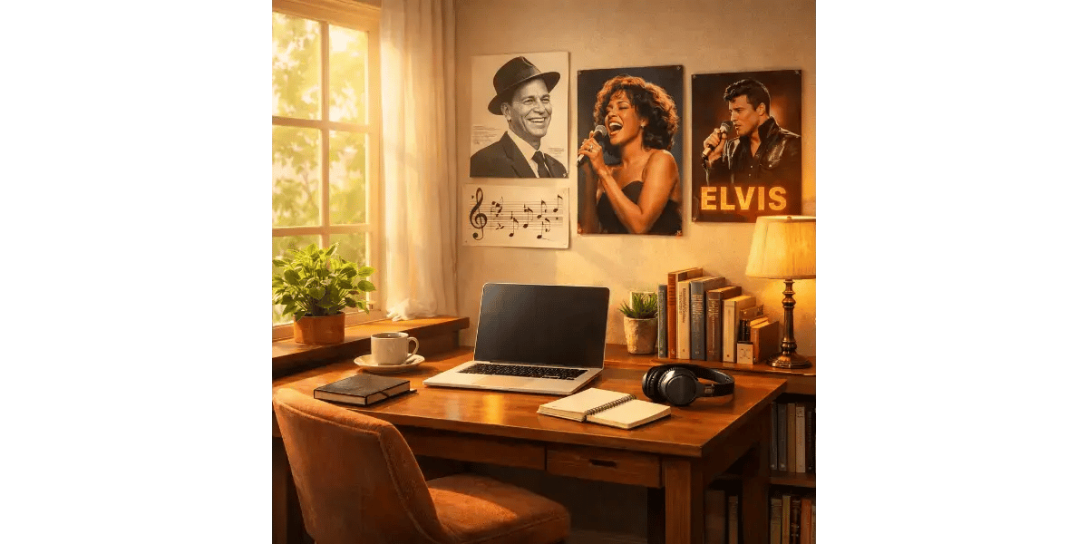 A cozy desk setup with a laptop, headphones, and framed posters of famous singers on the wall, representing online music learning.