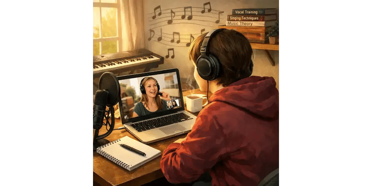 A beginner student practicing from home during a live online singing lesson on a laptop.