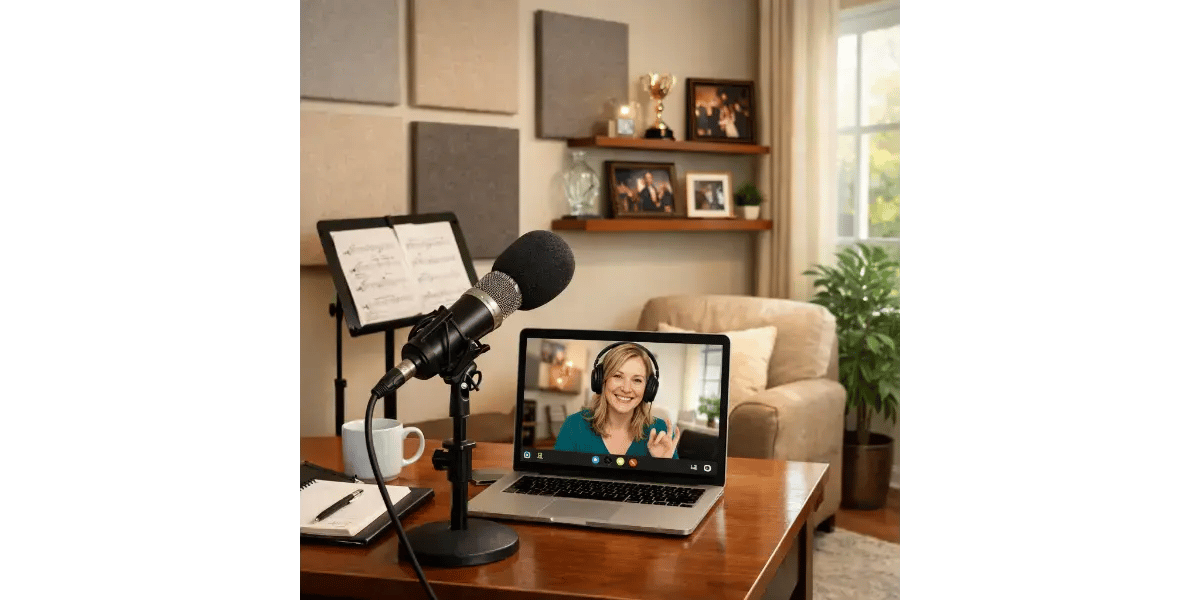 A home studio setup with a microphone and a laptop showing an online vocal class.