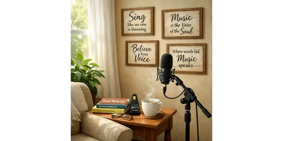 A home music studio with a microphone set up for daily vocal warmups, singing exercises, and vocal practice.