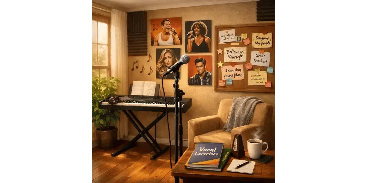 A comfortable home setup for beginner singing lessons, featuring a microphone and music stand in an inviting practice room.