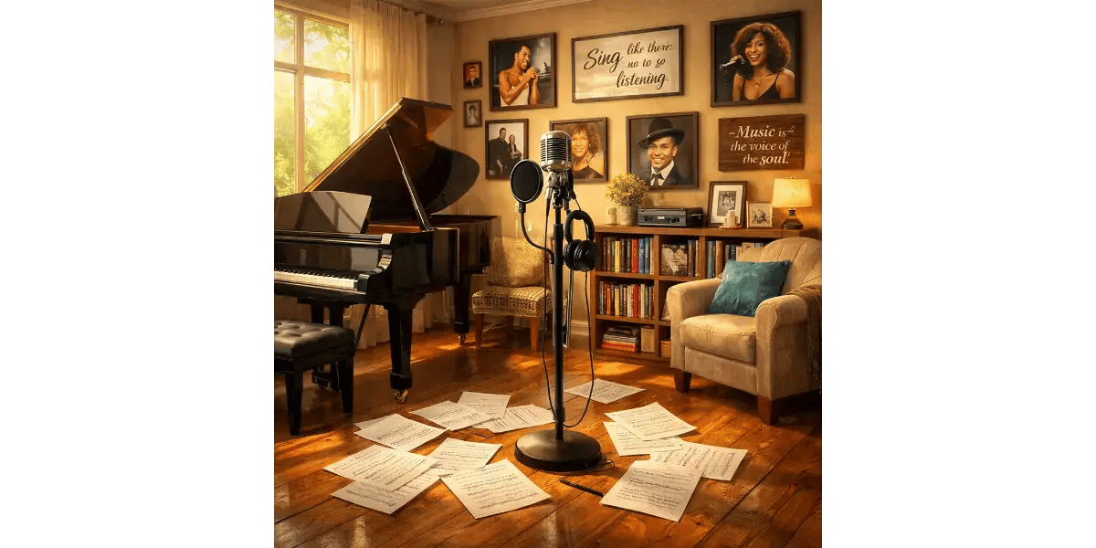 Vocal coach sitting at a grand piano in a music studio preparing for a singing lesson